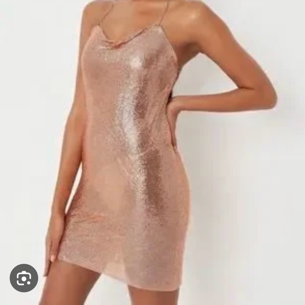 Carli Bybel x Missguided Bronze Chainmail Halterneck Cowl Neck Mini Dress